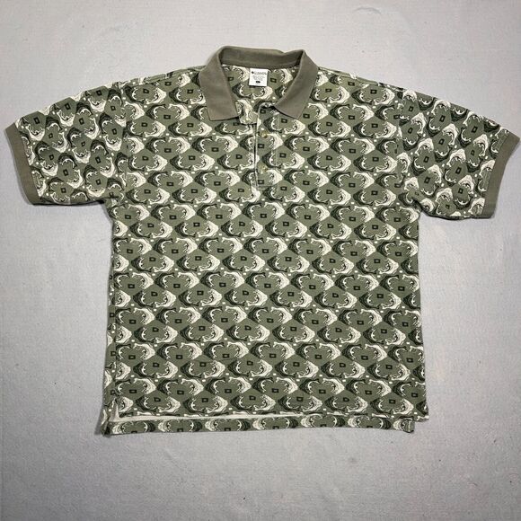 VTG Columbia Polo Shirt Men Size Large Fish All‎ Over Print Short Sleeve Green - Picture 1 of 11